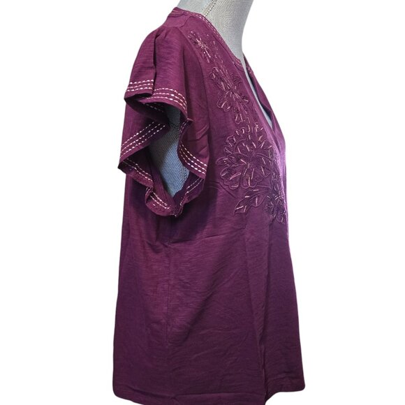 Style & Co Cotton Embroidered Flutter-Sleeve Knit Top 1X NWT Deep Cranberry - Picture 3 of 8